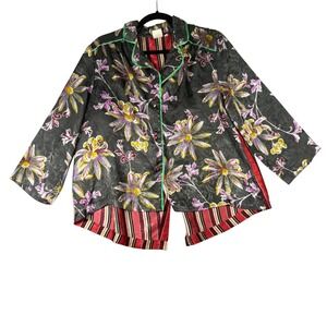 Eloise PJ Top Floral Print Gray Green Trim Button Up Women's Size M